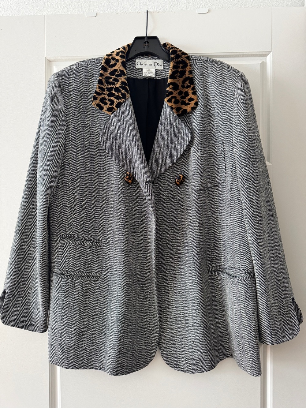 Vintage Christian Dior Women's Gray Herringbone Jacket with Leopard Collar 12